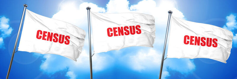 Three with flags, each showing the word "Census" in red letters, across a blue sky with clouds