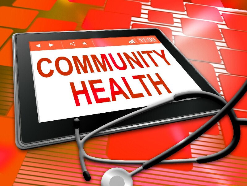 "Community Health" appears on screen of an electronic device with a stethoscope in the foreground