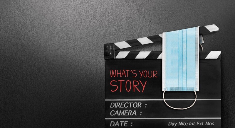 Share your COVID-19 experience on video to encourage vaccines. Stock Photo Film Director's Board with face masks hanging over it and the words "What's Your Story?" displayed. Stock Photo