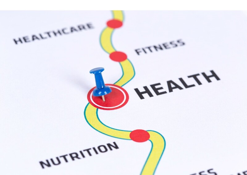 Road map with points designating health words. Stock Photo