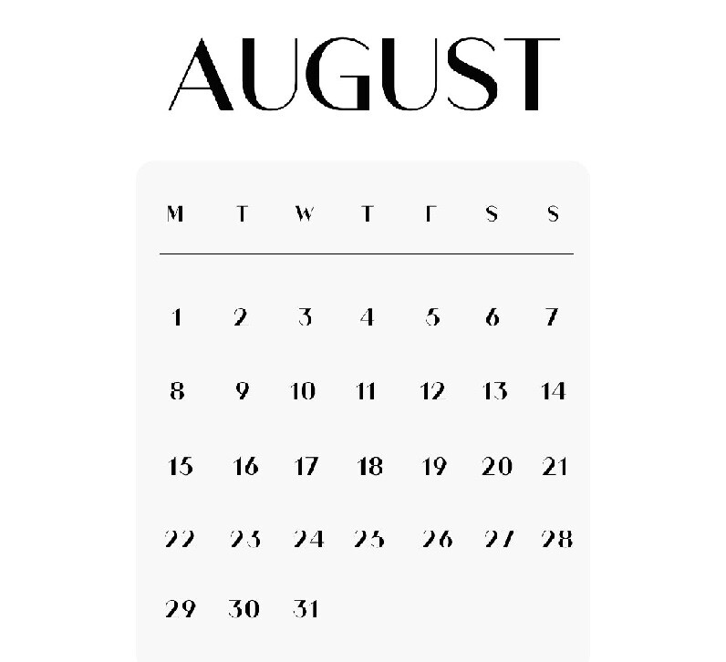 August 2022 Calendar shows black letters and numbers but nothing else, on a white background. Stock Photo