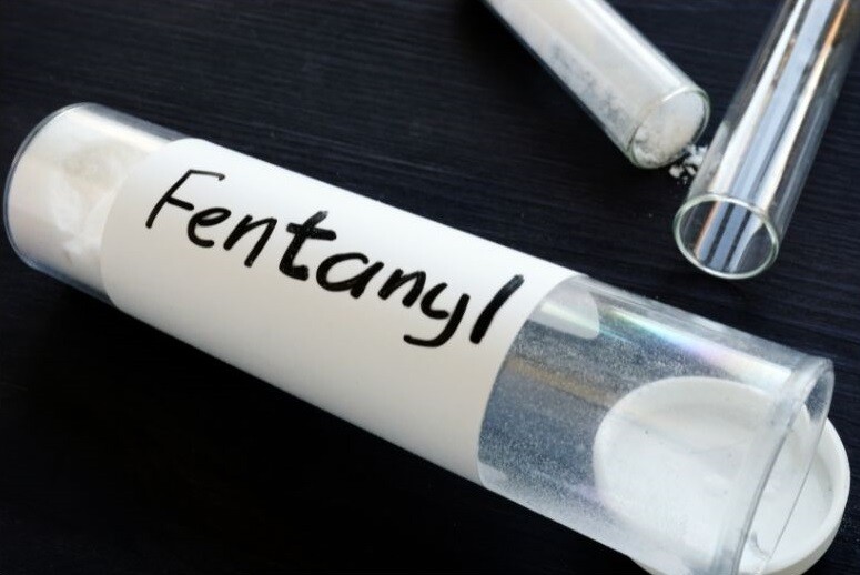 Fentanyl overdosing is a present and growing concern in the Coachella Valley. Stock Photo A white medical test tube is labelled "Fentanyl," on a black background. Stock Photo.
