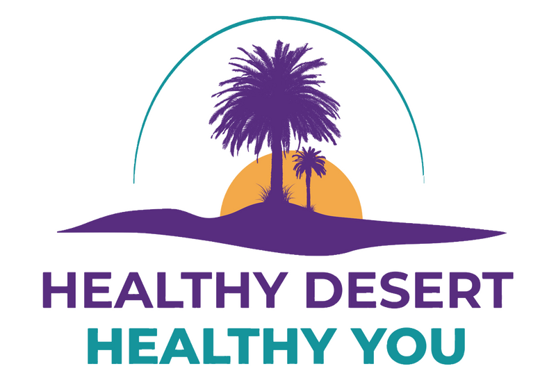 Healthy Desert, Healthy You Environmental Health Summit logo. District Illustration Two palm trees in purple silhouette, one large and one small, stand before an orange half-sun and stand under a teal arc and on a patch of purple sand.