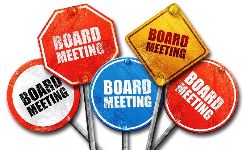 The monthly Board meetings now begin at 4 p.m. on the fourth Tuesday. Stock Graphic Five signs, grouped together, display the text, "Board Meeting." Stock Graphic