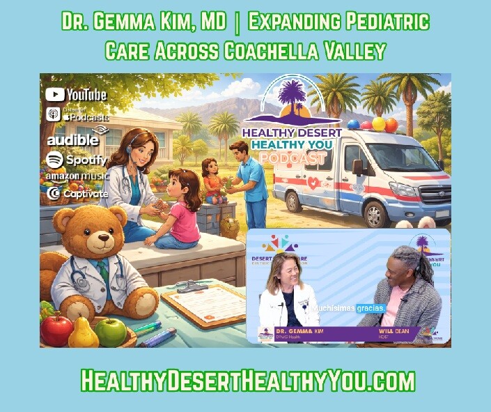 Podcast host Will Dean and guest Dr. Gemma Kim are seated and looking at one another while in conversation. The is colorful depicting some toys and child-like images. Courtesy of Mutual Broadcasting System