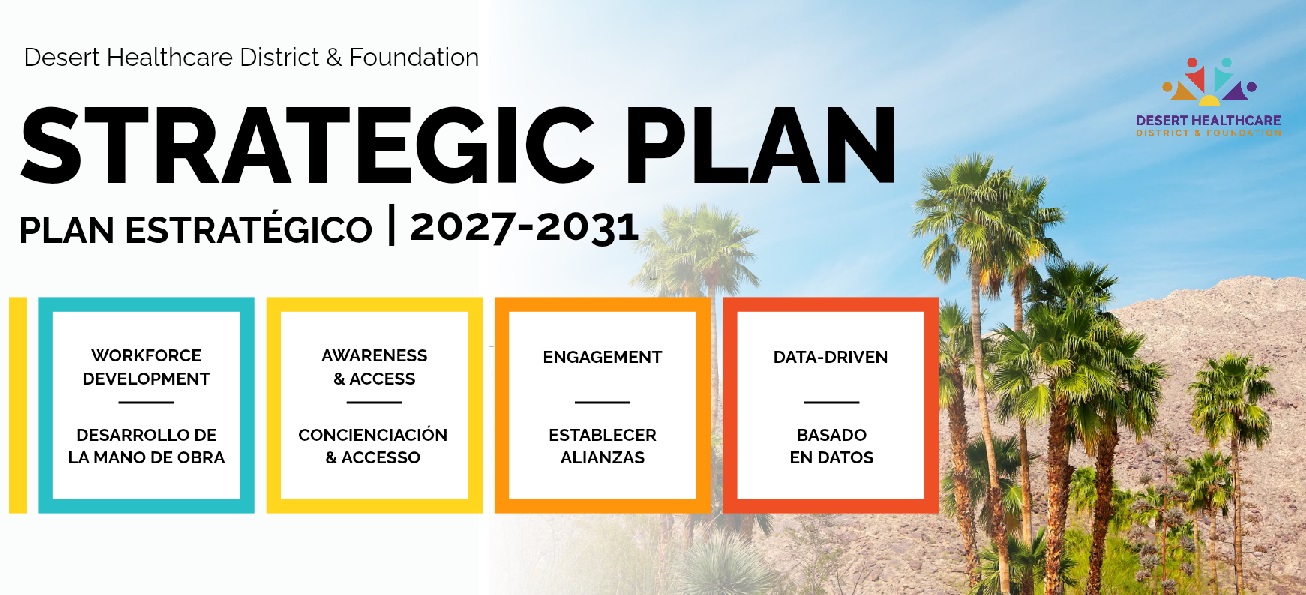 Strategic Plan in black letters (English and Spanish) above four squares, each bordered by a different bright color. Each square is a pillar of the plan. The background is the desert landscape with palm trees.